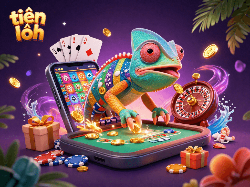 Engage with tiến lên action in a vibrant casino scene featuring a lively chameleon and game elements.