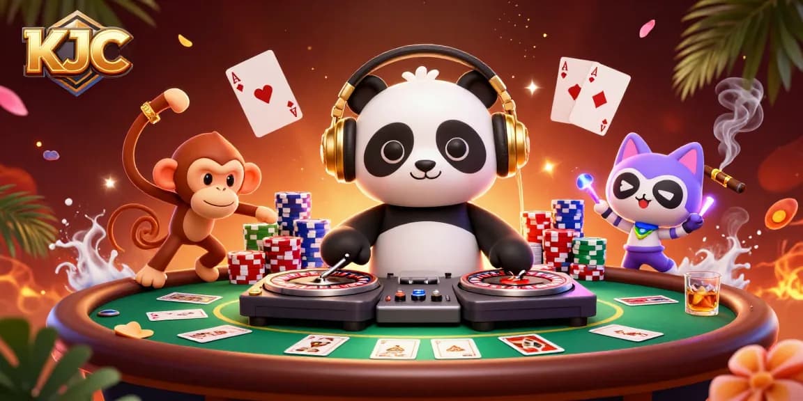 KJC brings excitement to the casino scene with a lively DJ panda and animated characters, vibrant poker elements enriching the atmosphere.