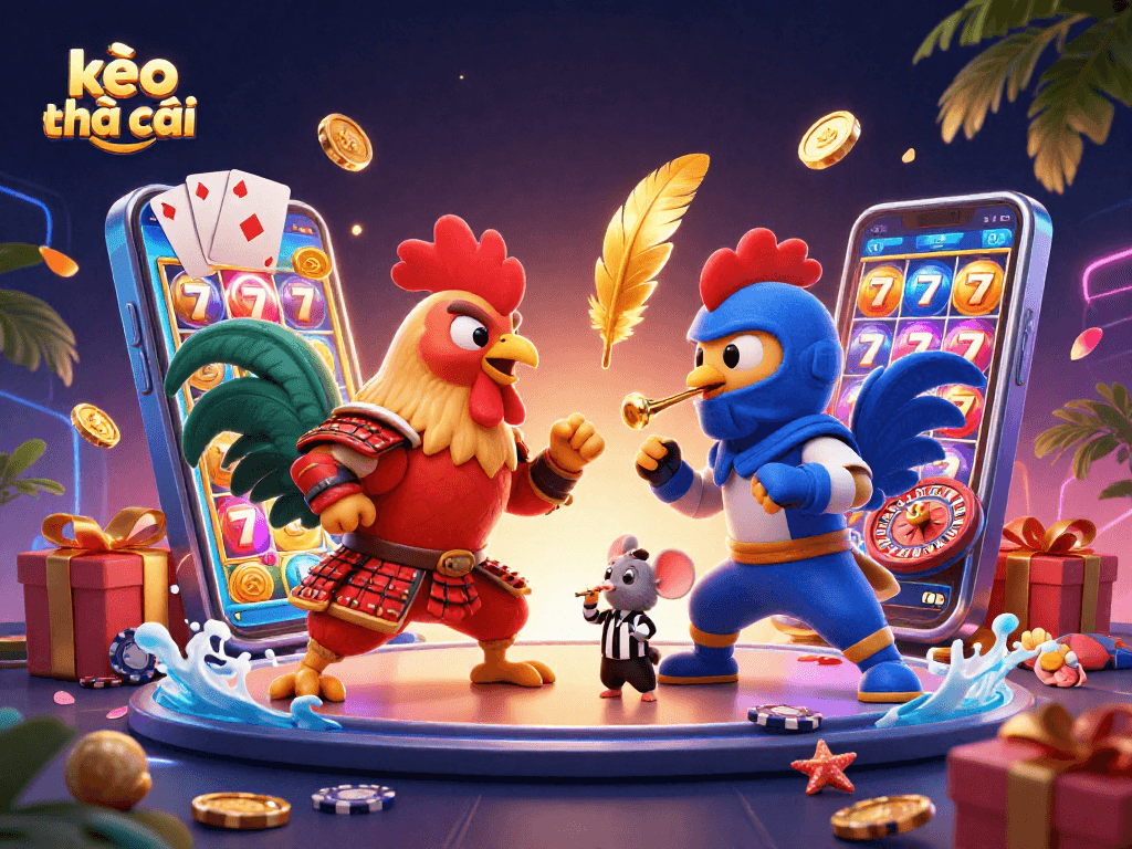Experience thrilling action in kèo nhà cái with dynamic roosters, slots, and colorful casino elements.