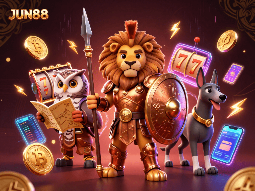 Join the exciting world of JUN88 gaming with a Spartan lion, tactical owl, and swift greyhound amidst vibrant casino elements.