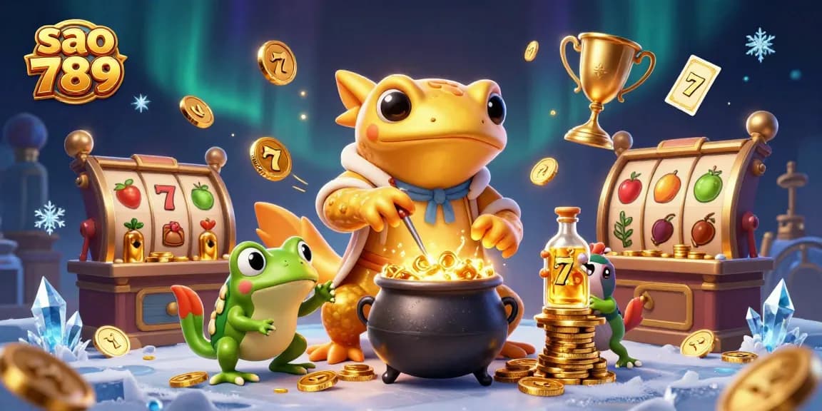 Sao 789 captures the excitement of gaming with golden coins and lively characters in a rich casino environment.