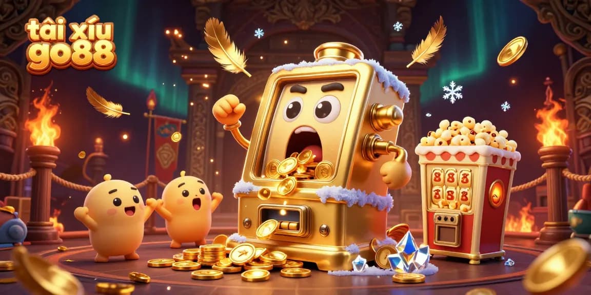 Experience the excitement of tài xỉu go88 with energetic slot machines and a popcorn machine in vibrant 3D illustration.