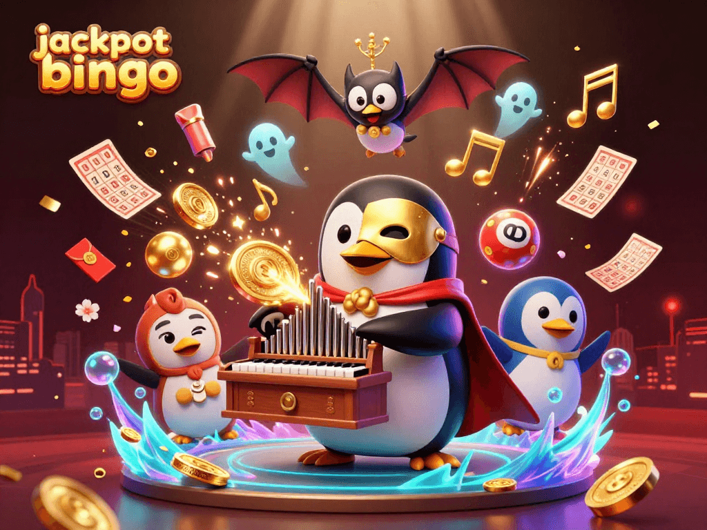 Experience jackpot bingo excitement with a whimsical 3D illustration of characters and dynamic game elements.