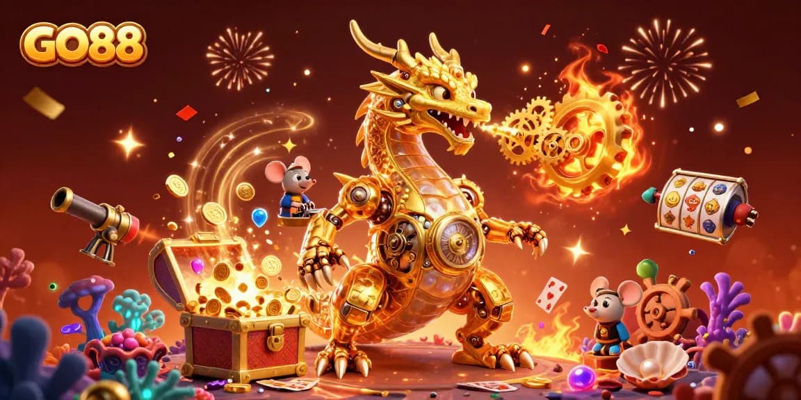 GO88 offers an exhilarating gaming experience with a golden dragon and vibrant casino elements bursting with energy.