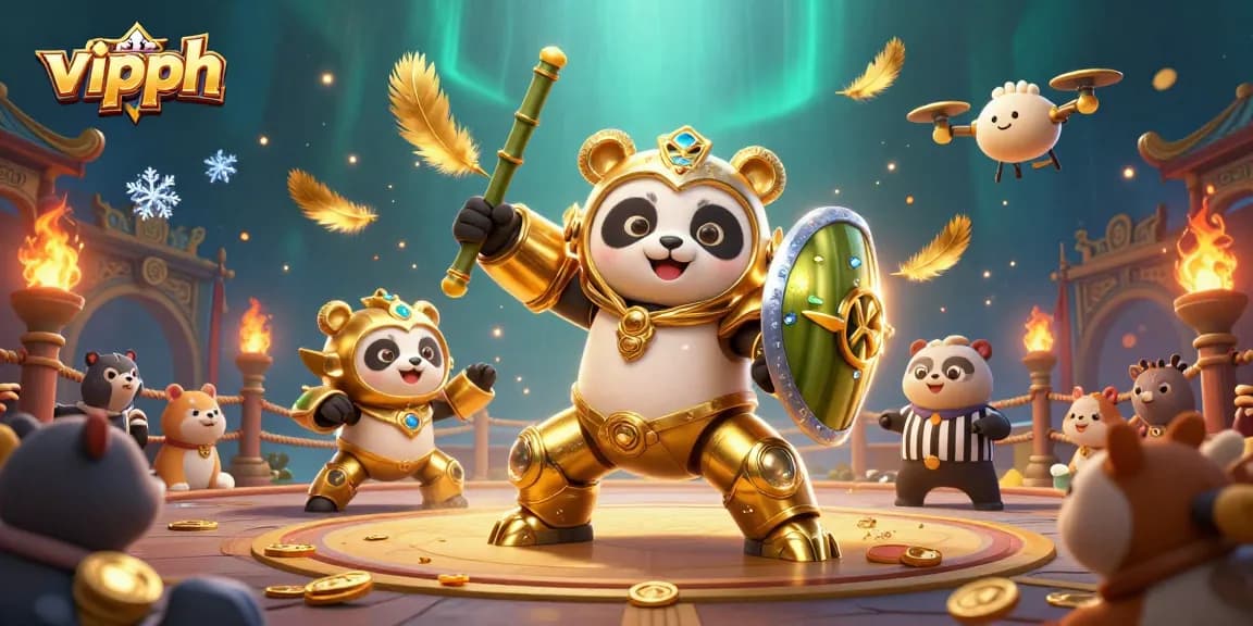 Engage with the vipph online casino through an immersive 3D illustration of a golden panda battling in a vibrant gaming arena.