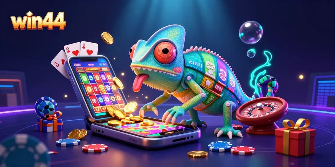 Win44 chameleon casino owner gathering coins amidst vibrant gaming elements and slots