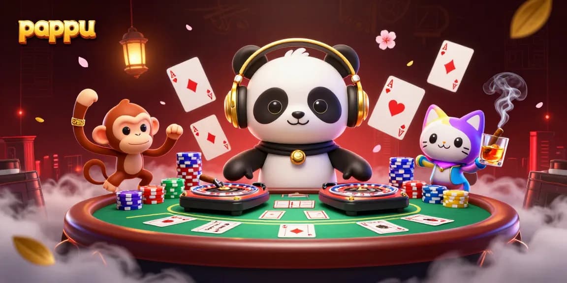 Pappu game scene featuring DJ panda and breakdancing monkey in an electrifying casino atmosphere