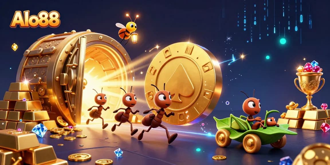 Alo88 gaming adventure featuring ants heisting a giant poker chip in an exciting treasure vault scene.