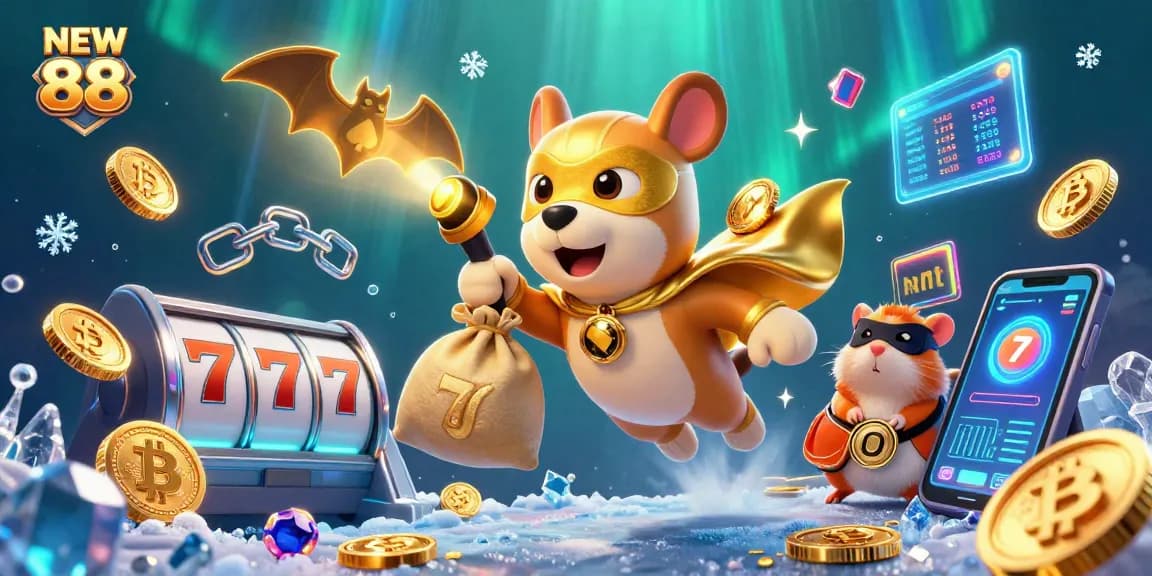 Win big at NEW 88 with slots and crypto gaming in this exciting illustration.