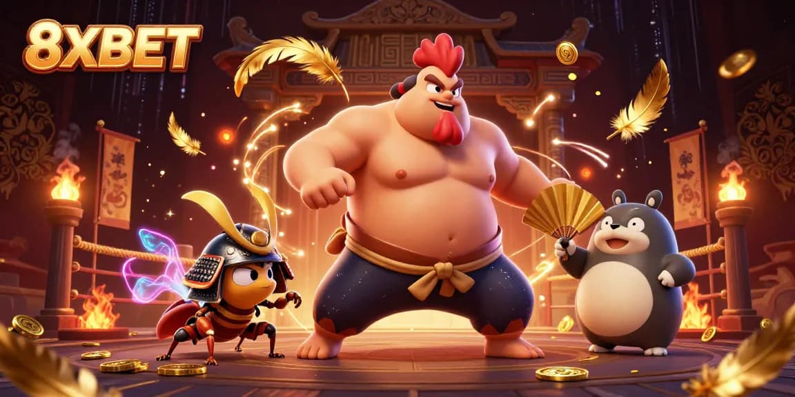 Experience the thrilling action of 8XBET as a sumo wrestler meets a fierce cricket in a dynamic casino scene.