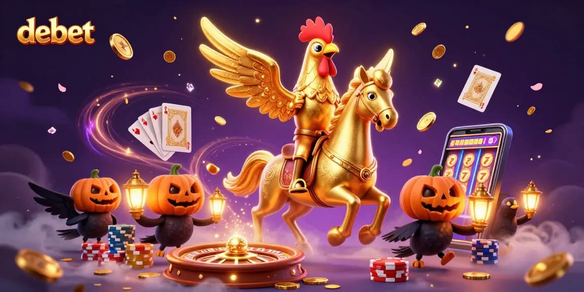 Engage with debet's thrilling casino experience, featuring a golden rooster in a vibrant midnight scene.