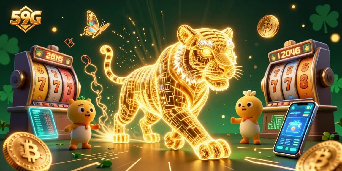 Engage with thrilling casino experiences at 59G with vibrant slot reels and a neon-lit atmosphere.