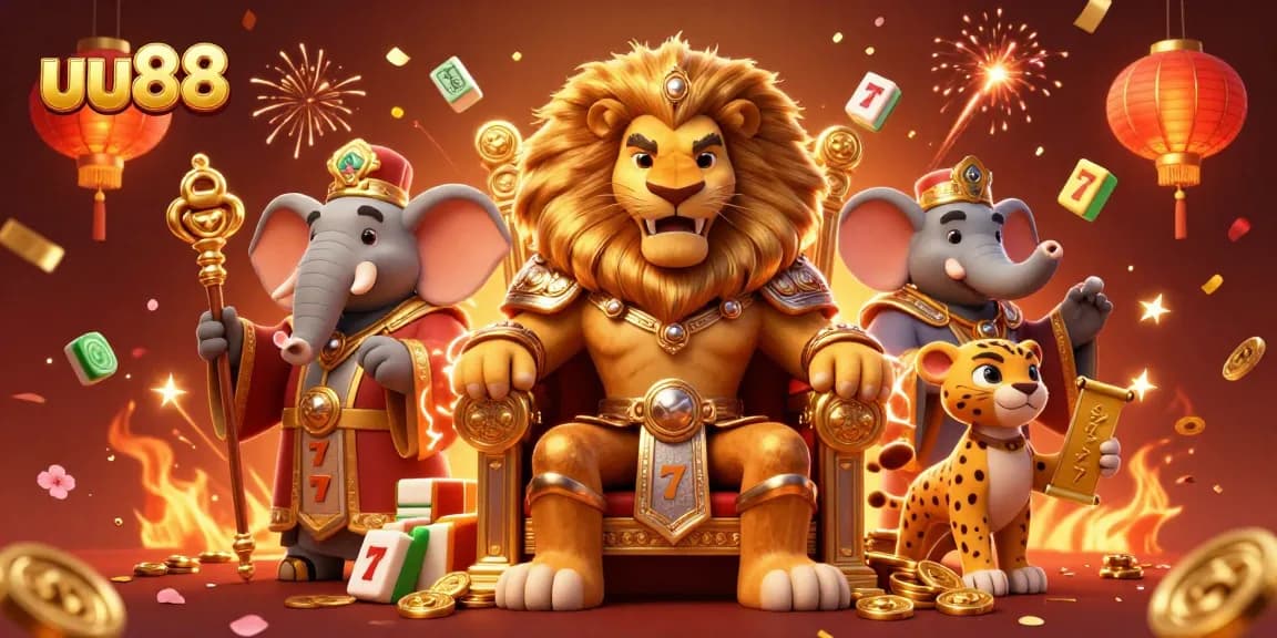 Experience thrilling jackpots with uu88's vibrant casino scene featuring a regal lion king.