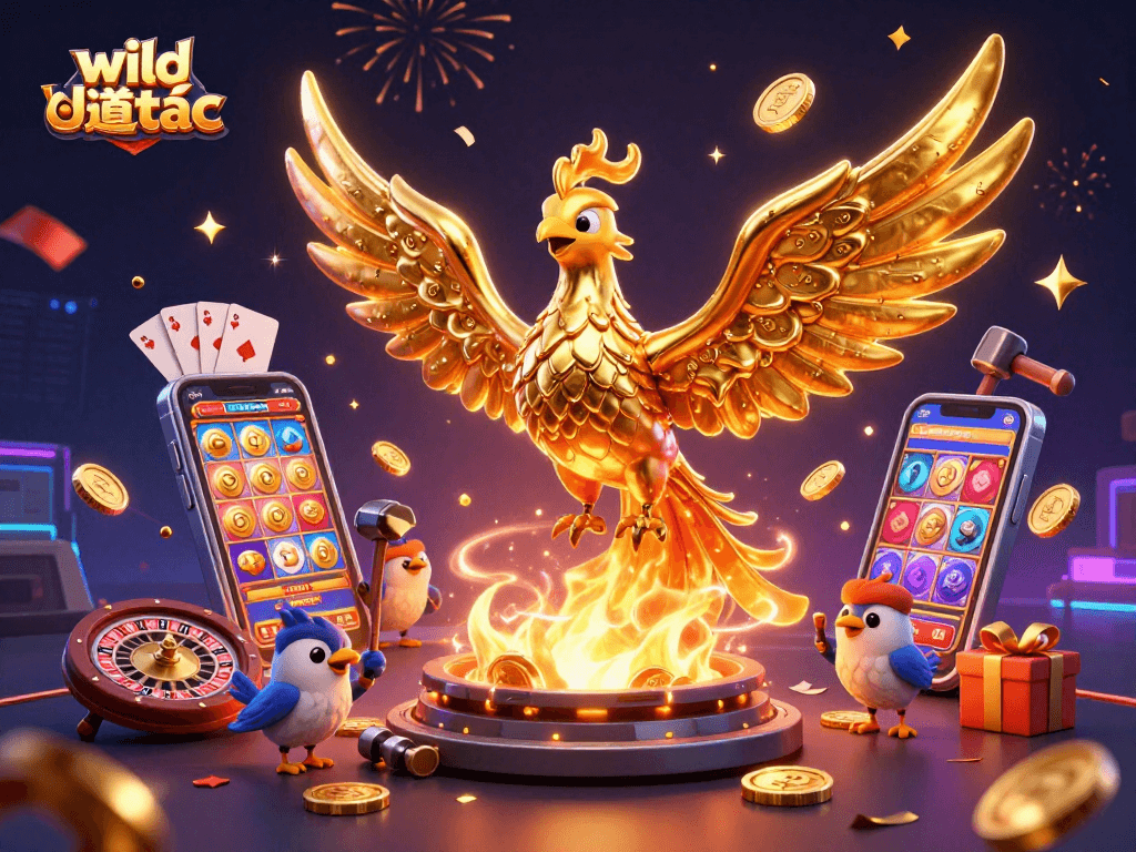 Join the wild đạo tặc adventure with a phoenix emerging, showcasing popular casino games and celebrating wins.