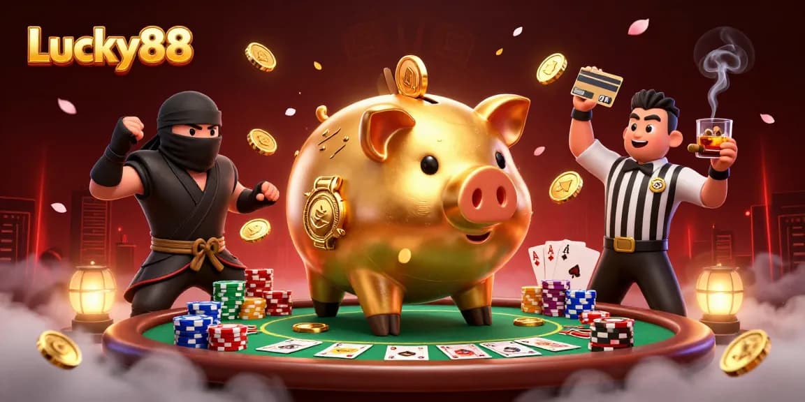 Experience high-stakes poker action with Lucky88's golden sumo wrestler, wallet-ninja, and referee!