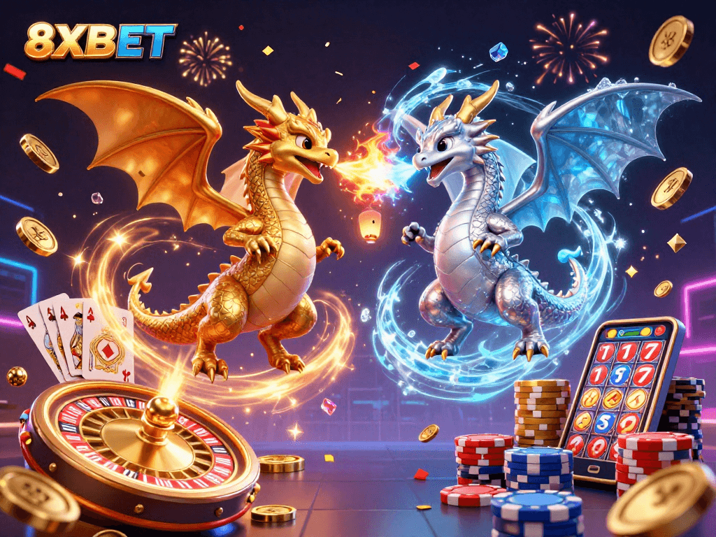 Engage with excitement at 8XBET, featuring golden dragons and vibrant casino elements.