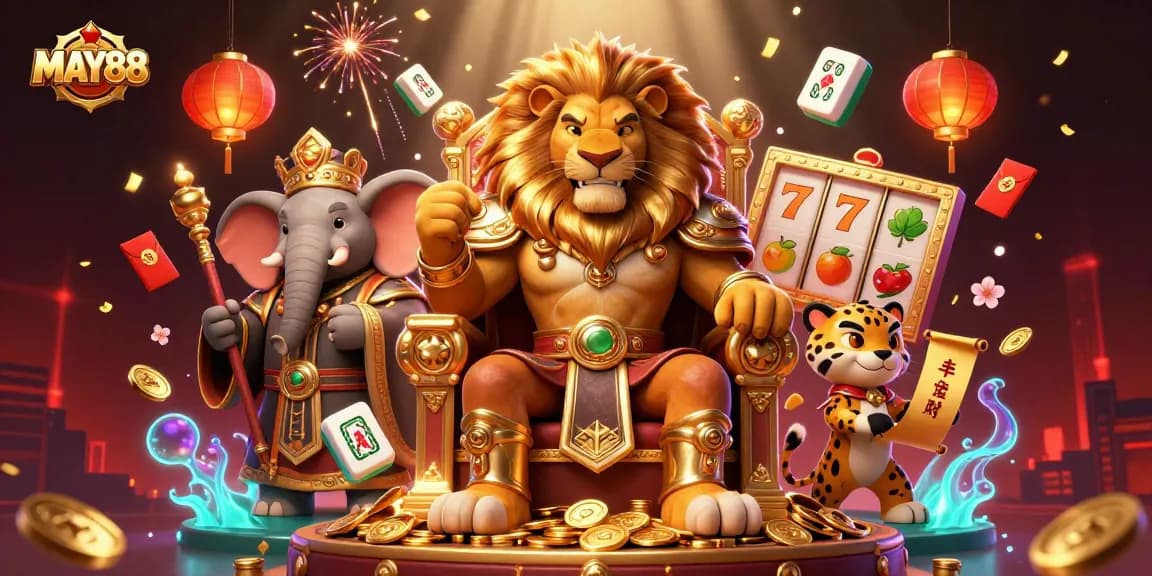 Engage with MAY88's vibrant casino scene featuring a lion king, elephant advisor, and cheetah messenger amidst dynamic slot machines.