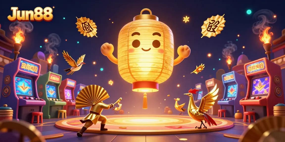 Experience the excitement of cockfighting and gaming with Jun88's vibrant 3D casino illustration.
