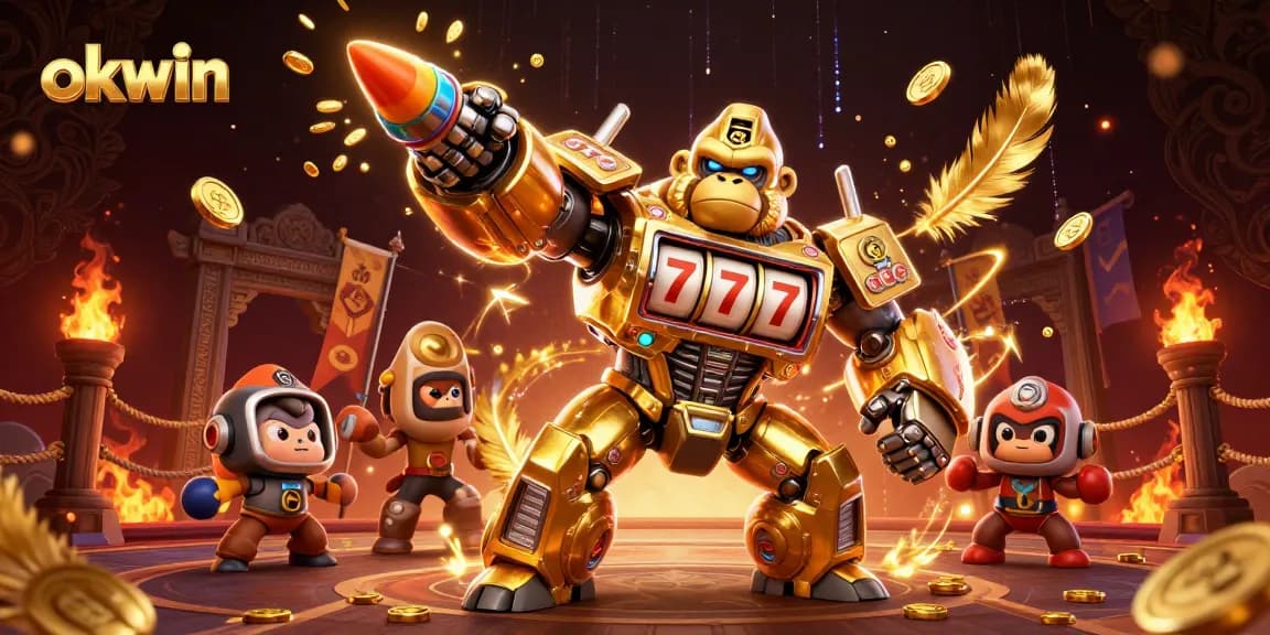 okwin showcases a vibrant 3D illustration of a golden gorilla mech and monkey pilot in an engaging casino scene.