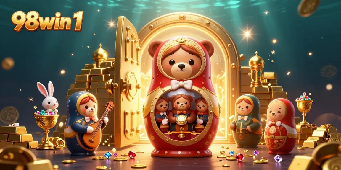 Play and win at 98win 1, unlocking treasures and gems in a colorful casino scene.