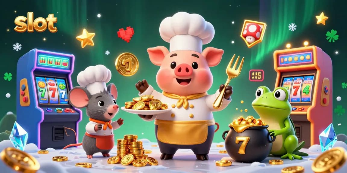 Spin slot reels surrounded by a chef pig, sous-chef mouse, and critic frog in an engaging casino scene.
