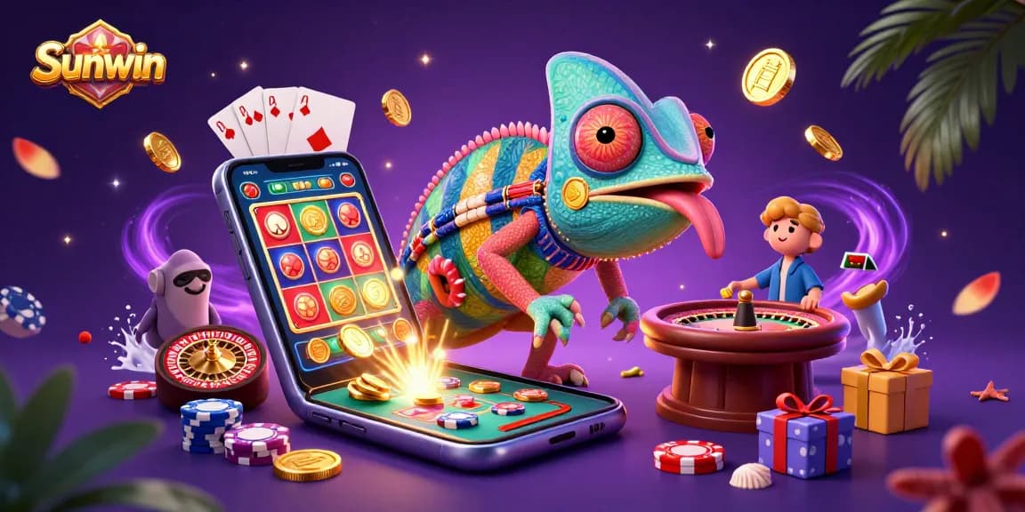 Experience thrilling games with Sunwin, where a vibrant chameleon casino owner entertains players with slots and more.
