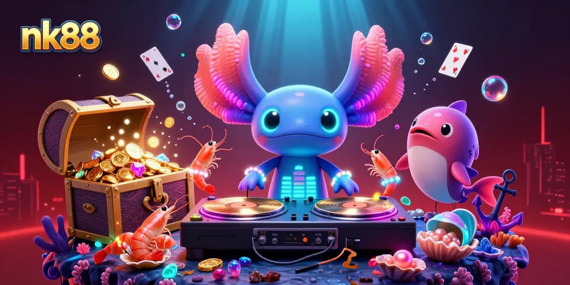 Experience vibrant gaming with nk88's underwater casino-themed illustration featuring a DJ and dynamic characters.