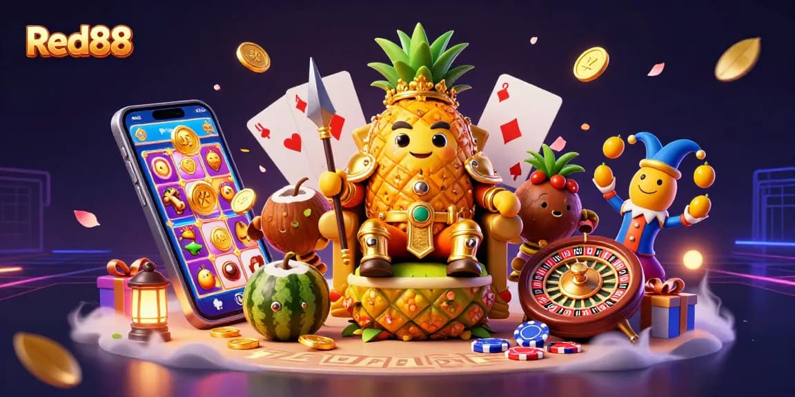 Experience thrilling gameplay at Red88 with cartoon characters in a vibrant casino scene featuring slots and poker.