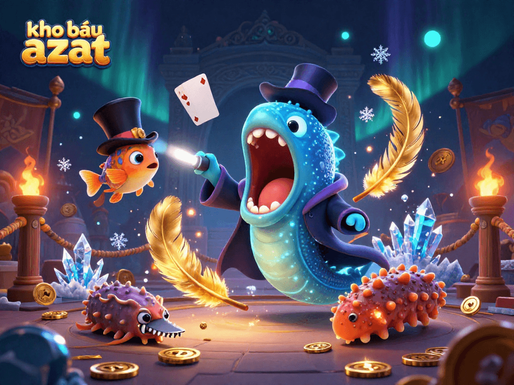 Engage in kho báu aztec slots as vibrant creatures perform magic tricks amidst gold coins and festive banners.