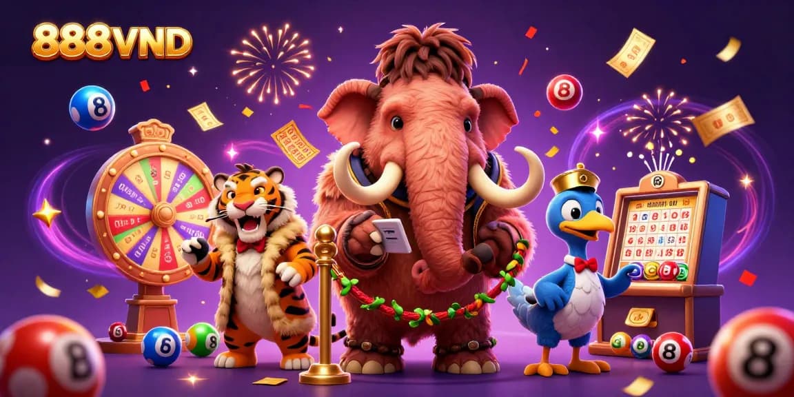 Experience the vibrant excitement of 888VND's casino scene, featuring a woolly mammoth bouncer and a saber-tooth tiger VIP.
