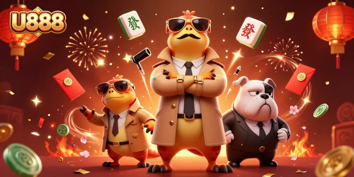 Experience excitement at U888 with playful raptors trying to enter a VIP casino lounge amidst a festive atmosphere.