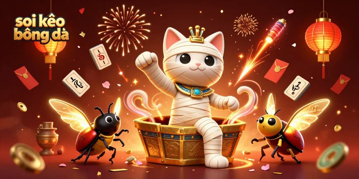 Soi kèo bóng đá scene with an Egyptian mummy cat and glowing scarab in a pyramid casino