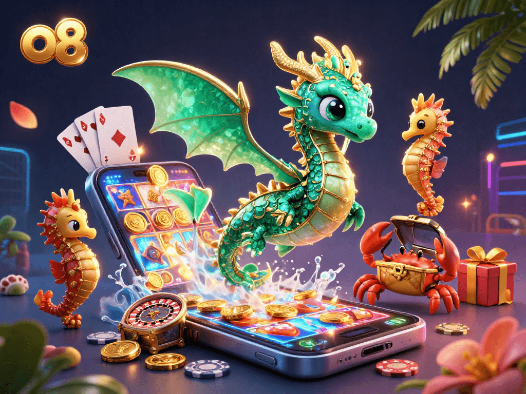 Win big at o8 with vibrant 3D casino action showcasing a sea dragon, treasure & gaming elements.