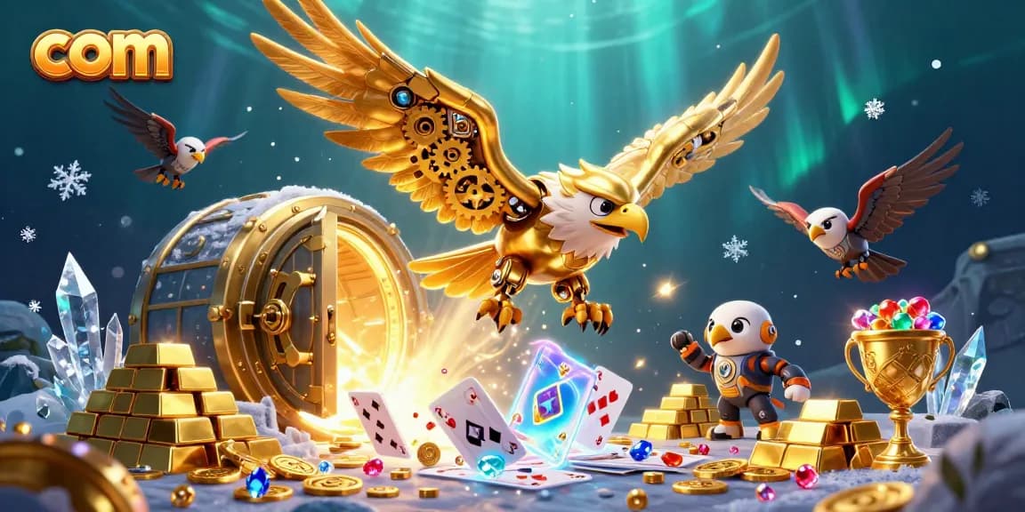Dive into thrilling games at com with a cybernetic eagle amidst golden treasures and holo cards