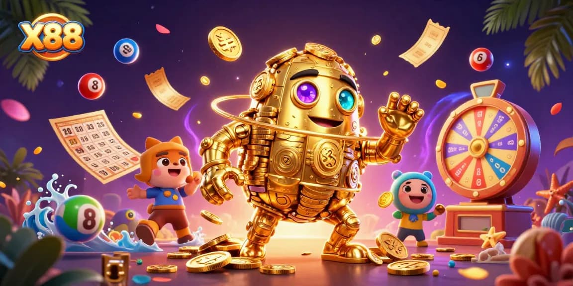 Experience thrilling casino action with X88's golden golem in a vibrant, dynamic gaming scene.