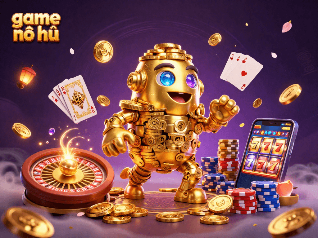 Engage in the exciting game nổ hũ with the captivating golden golem and vibrant casino elements.
