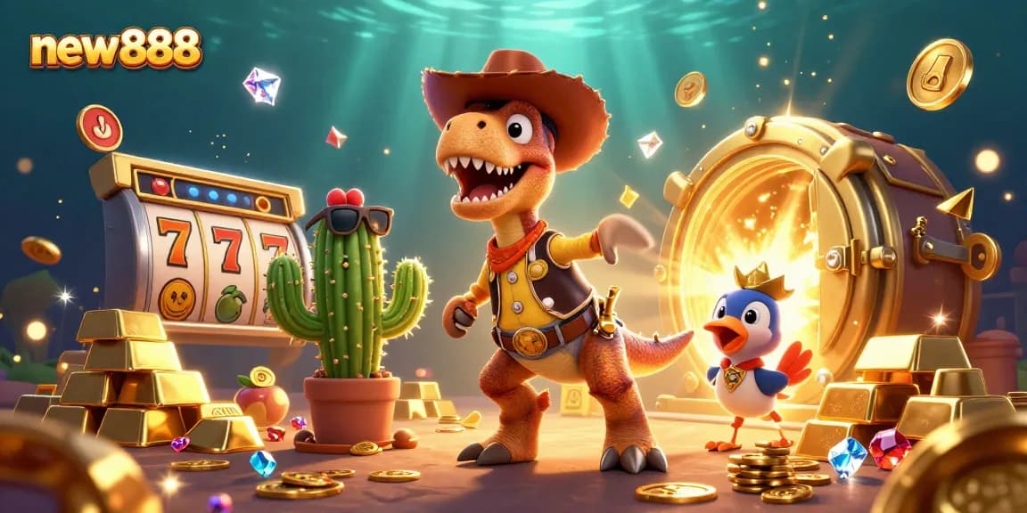 Experience the excitement of new888 slots with a vibrant cartoon scene full of treasures and dynamic characters.