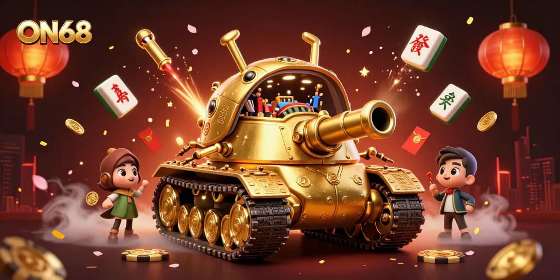 Players experience excitement at ON68's 3D casino with golden tank and festive elements.