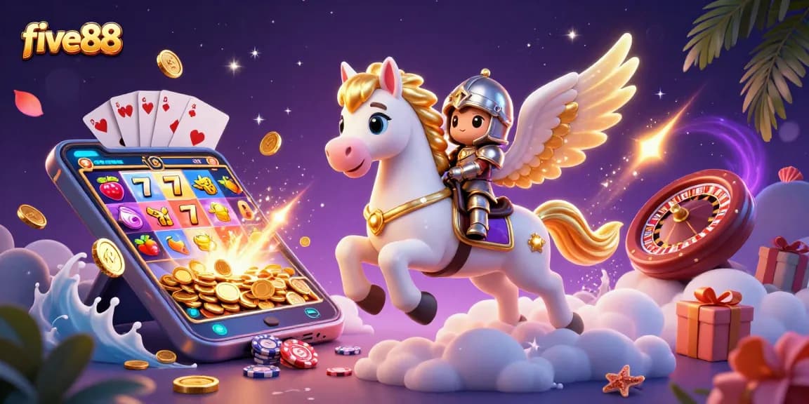 Experience the excitement of five88 with a vibrant 3D illustration showcasing a knight and a celestial horse amidst casino elements.