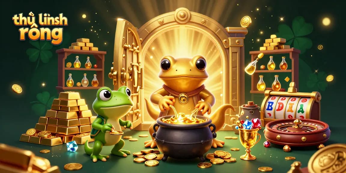 Gamers strategizing winning challenges in thủ lĩnh rồng, amidst a treasure-filled 3D scene of alchemy.