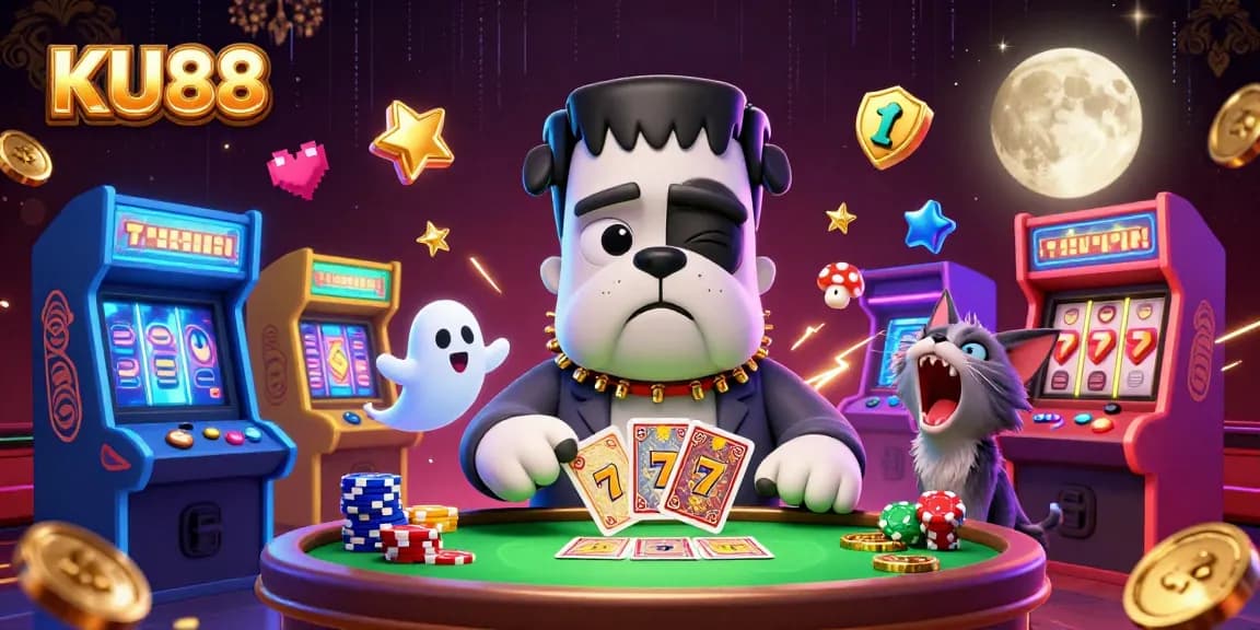 KU88's lively casino scene with a bulldog, ghost mouse, and werewolf kitten engaging in card games.