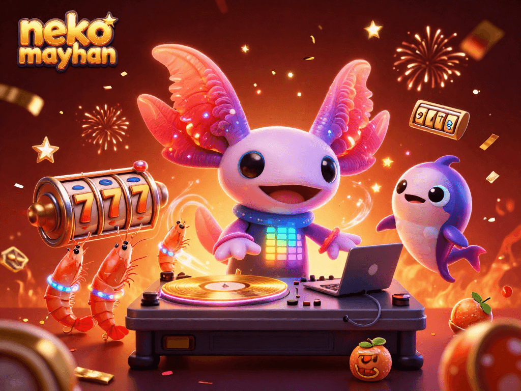 Experience the excitement of neko may mắn with a vibrant casino scene, showcasing slot reels and fun characters.