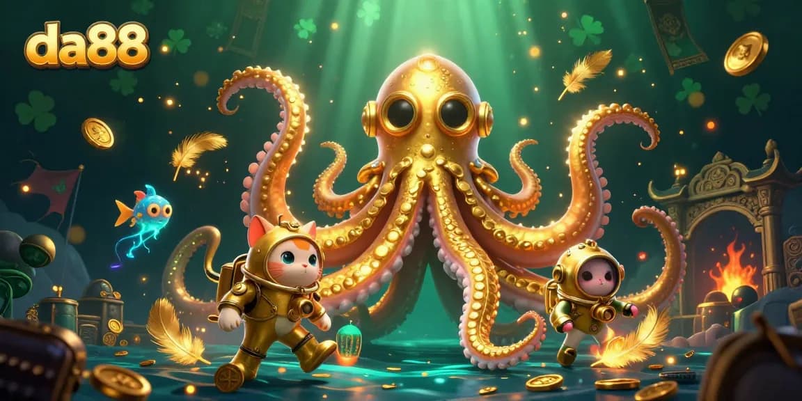Play and win with da88 among a colossal kraken, diving cat, and vibrant tokens.
