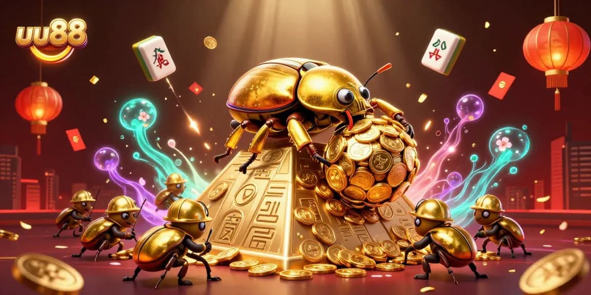 uu88 casino illustration featuring a golden beetle rolling coins with vibrant gaming elements