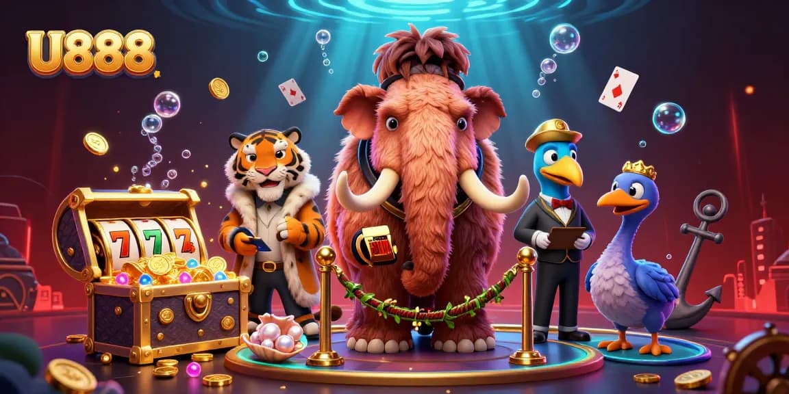 Experience thrilling slots at U888 with cartoon characters in a vibrant casino scene.