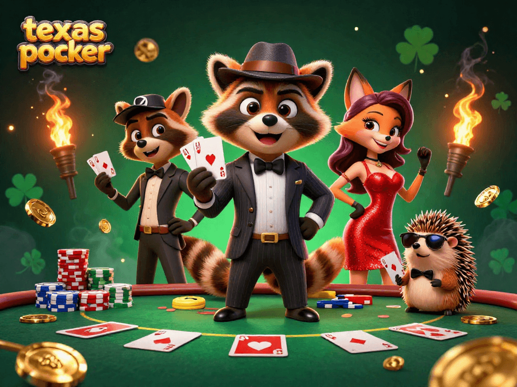Master texas poker strategy with a charming raccoon and lady fox at a vibrant poker table.