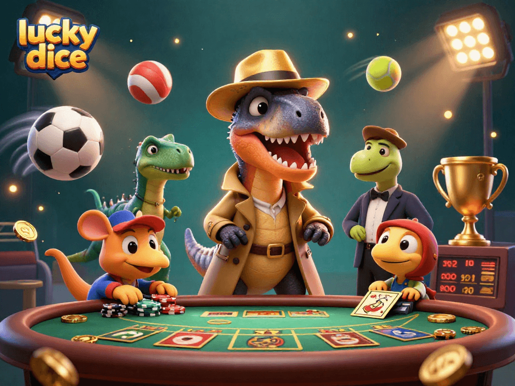 Join the excitement of lucky dice as a velociraptor and friends engage in thrilling casino action.