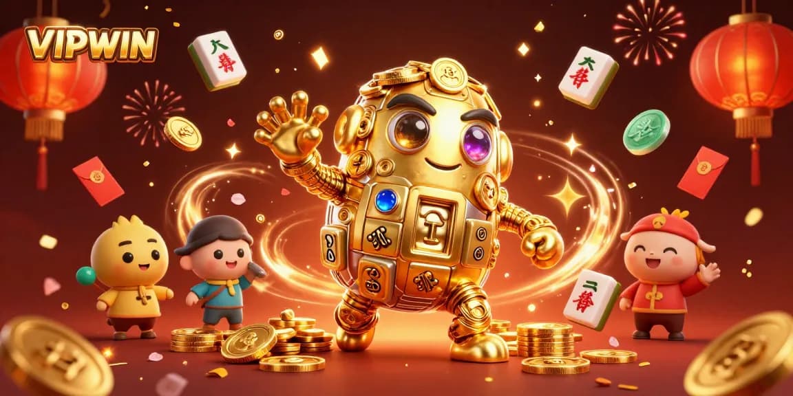 Experience thrilling gaming with the golden golem of VIPWIN amidst vibrant casino elements.