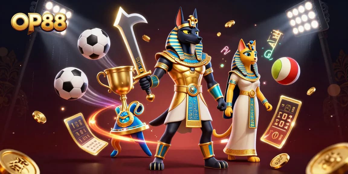 Play thrilling casino games at OP88 with 3D Anubis warrior and vibrant sports elements.