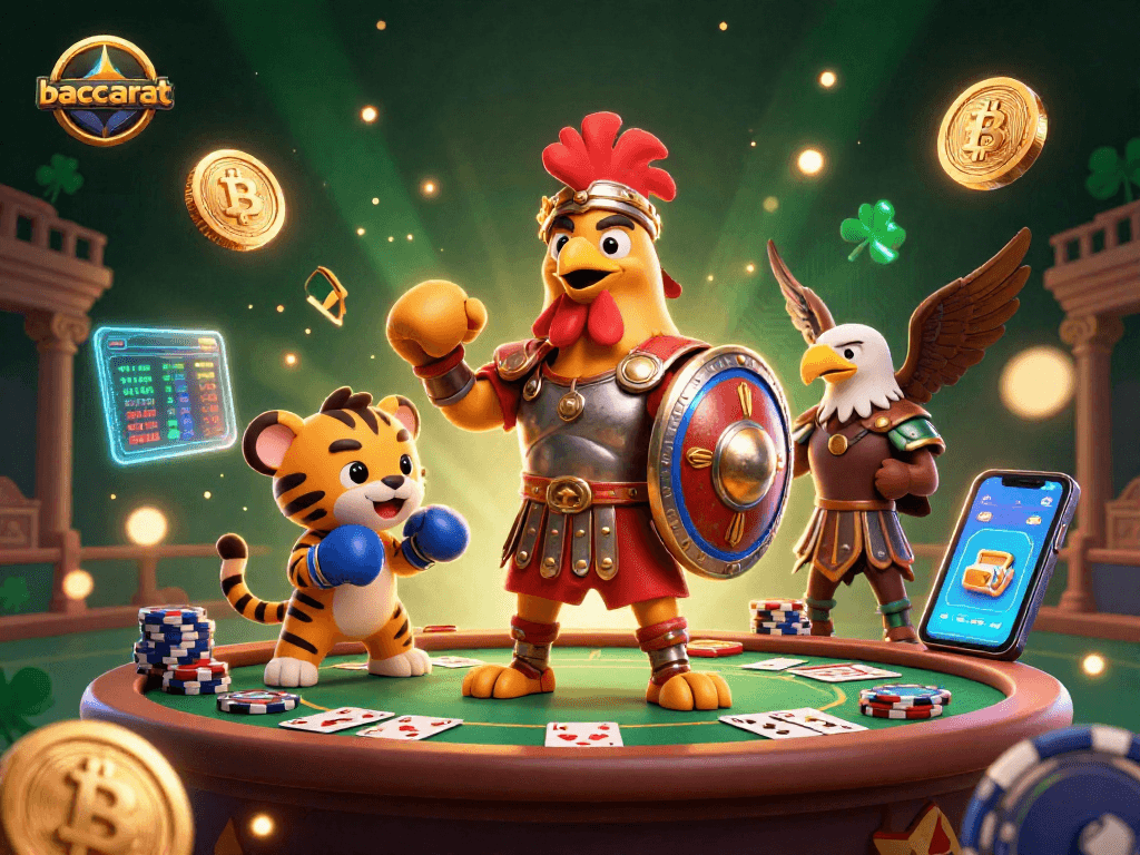 Baccarat action featuring a rooster, tiger cub, and eagle at a dynamic casino table.